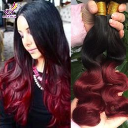 Cheap Peruvian Virgin Hair Body Wave Ombre Hair Extensions Two Tone Colored Human Hair 4PCS 1B Burgundy Wavy Remy Ombre Remy Hair Weaving