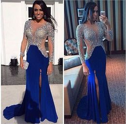 2016 Crystal Sequins Beaded Split Prom Dresses Long Sleeve Sexy Open Slit Royal Blue Evening Dresses Party Dresses Pageant Graduation Gowns