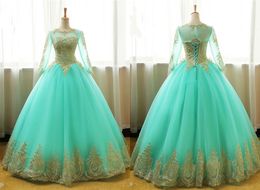 Fashion Mint Ball Gown Sweet 16 Dresses With Illusion Long Sleeves Gold Lace Applique Tulle Corset Back Sheer Neck Cheap Quinceanera Dress