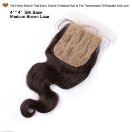 Монгольский шелк база закрытия тела волна Девы человеческих волос ТОП кружева закрытия бесплатно / средний / 3 Часть естественный цвет Dyeable скрытые узлы 4x4Inch 7A