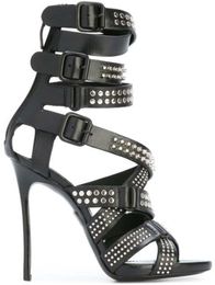 2017 fashion women buckle sandals gladiator sandals party shoes thin heel spike stud high heels runway shoes