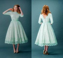 2016 Mint Green Prom Dresses Lace Applique Tea Length Half Long Sleeves Bridal Gowns with Covered Button Back Masquerade Party Dresses