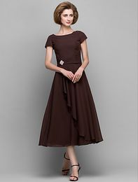 A-line Mother of the Bride Dress Chocolate Tea-length Short Sleeve Chiffon Mother's Dresses
