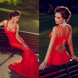 Fitted Sexy Prom Dresses Mermaid Long Formal Red Evening Party Gowns Sweetheart Neckline with Straps Keyhole Open Back Sweep Train