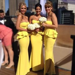 Cheap Online Bright Yellow Long Mermaid Bridesmaid Dresses Cascading Ruffles Strapless Formal Party Prom Dresses Backless Evening Dresses