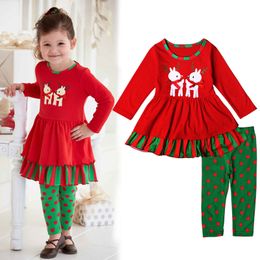 Kids Clothing Set Baby Girls Clothes Striped Ruffle Long Sleeve T-shirt Dress+Red Polka Dot Green Legging Pants Christmas Outfits Girls 1-5Y