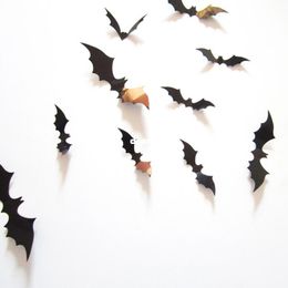 Fashion Hot 12pcs/set Black 3D DIY PVC Bat Wall Sticker Decal Home Halloween Decoration
