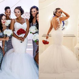 Hot 2016 Full Lace Spaghetti Illusion Back Mermaid Plus Size Wedding Dresses Modest South Africa Tulle Chapel Train Bridal Gowns EN3082