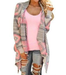 Women Long Sleeve Waterfall Knitted Geometric Print Cardigan Sweater Outwear Top