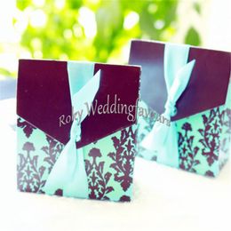 FREE SHIPPING 50PCS Damask Blue Candy Boxes Wedding Favors Engagement Party Candy Holder Table Decor Sweet Package w/ RIBBONS