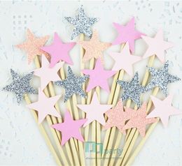 Wholesale-40pcs pink Glitter Star Cupcake Toppers pink Party Supplies Twinkle Little Star Party 1st Birthday Wedding New Years Eve Party
