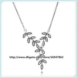 100% 925 Sterling Silver Chain Sparkling Leaves Drop Pendant Necklace with Clear Cz Fits Pandora Style Jewelry Charms and Beads