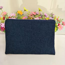 100cotton navy denim thick and durable makeup bag with true red lining navygold zip denim zip pouch