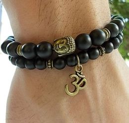 SN0139 Set of 2 Buddha bracelets Yoga and Meditation bracelet Men Matte Agate bracelets Black Onyx Bracelet