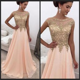 Exquisite Lace Beads Prom Dresses Long Chiffon Light Pink African Weddings Guest Dress Sheer Scoop Neckline Dress Evening Party