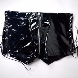 Sexy Boxer Shorts Men underpant Gay PU Faux Leather Erotic Wetlook Tight Skinny Bandage Men's Latex Zipper Boxers Home Clubwear Costume