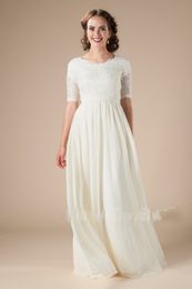 New Lace Chiffon Boho Modest Wedding Dresses With Short Sleeves Boho Bridal Gowns A-line Floor Length Reception Informal LDS Wed Dress