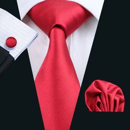 -Trasporto veloce Red Ties Mens seta di alta qualità Hanky ​​gemelli Jacquard Lavorato a telaio convenzionale rosso affari cravatta per gli uomini cravatta Set N-0206