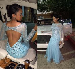 2016 Hot Cheap Evening Dresses Bateau Illusion Neck Long Sleeves With Rhinestone Crystal Beads Mermaid Organza Open Back Party Prom Gowns