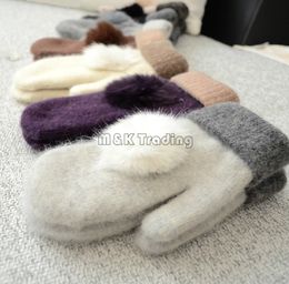 Woolen Gloves Warm And Soft Winter Ladies Mittens Solid Color Grace Rabbit Fur Ball Double Layer Match Colors 10pcs