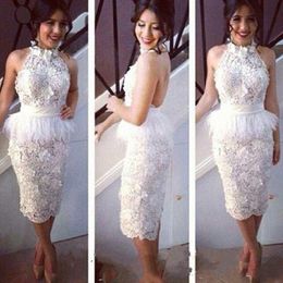 New Fashion Lace Cocktail Dresses Sheath Feather White Party Dress For Christmas Pencil Dress With Peplum Plus Size Formal Dress