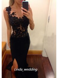 Free Shipping Sexy Black Colour Sheath Column Scoop Sleeveless Applique Sweep Brush Train Side Slit Long Chiffon Evening Dresses Women Gowns