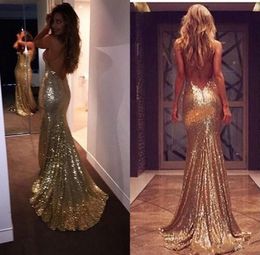 2019 New Cheap Custom Made Sparkly Gold Sequins Prom Dresses Sweetheart Split Side Sexy Backless Mermaid Evening Gowns Vestidos 290