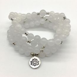 SN1202 Vintage 4 Wrap Women`s Yoga Bracelet 108 Mala Balance Necklace Natural White Jade Lotus Charm Bracelet