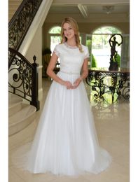 Cap Sleeves Long Boho Modest Wedding Dresses With Sleeves New Arrival Buttons Back Lace top Beaded Belt Tulle Skirt Bridal Gowns Sale