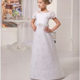 2020 White Rustic Lace vestidos de primera comunion leondo A Line Short Sleeve Floor Length Flower Girl Dress with Bow Sash