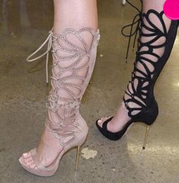 Women Charming Design Open Toe Lace-up Rhinestone Knee High Gladiator Boots Stiletto Heel Sandal Boots Dress Boots