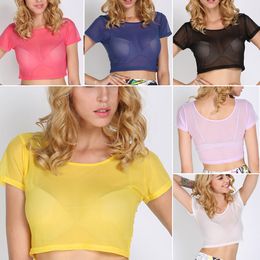 Newest Summer Sexy Sheer Mesh Crop Tops Women Party Crop T-shirt Short Sleeve Blouse