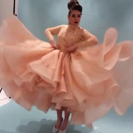 2022 Myriam Fares Celebrity Dresses With Long Sleeves Prom Dress Beaded Lace Party Dresses High Neck High Low Arabia Cocktail Evening Gown