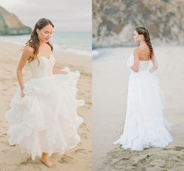 Simple Beach Wedding Dresses Sweetheart Strapless Lace Top Chiffon Skirt Ruffles Flouncing Bridal Dress Zipper Back 2016 Spring Gowns