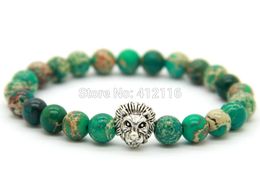 2015 Hot Sale Mens Jewellery Wholesale New Design 8mm Green Sea Sediment Stone Beads Antique Silver Lion Bracelets, Party Gift