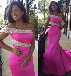 Hot Pink One Shoulder Prom Dresses Beaded Mermaid Evening Gowns Back Zipper Peplum Sweep Train Custom Made Vestidos De Novia Beautiful