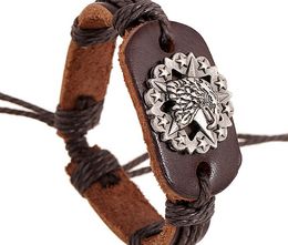 2015 latest version punk style 100% genuine leather bracelet handmade man eagle head rope adjustable bracelet 20pcs/lot