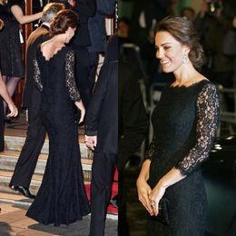 Modest Vintage Black Lace Long Formal Prom Dresses Kate Middleton Evening Gowns Custom Made Bateau Neck Illusion Sleeves Cheap High Quality