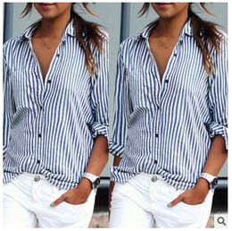 Blusas Femininas 2017 Spring Women Blouses Fashion Long Sleeve Lapel Striped Shirt Loose Casual OL Work Tops Plus Size XS-5XL