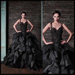 Rami Kadi Black Ball Gown Prom Dresses Tiered Ruffles Vintage Lace Spaghetti Puffy Prom Dresses Low Back Pageant Party Gowns