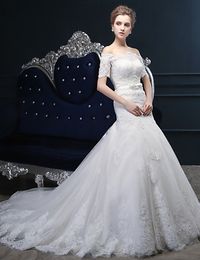 2016 Best Sale Fashion Custom Made Trumpet/Mermaid Elegant Ivory Court Train Bow Beading Off-the-shoulder Tulle Wedding Dresses 200