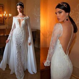 Mermaid Elegant Lace Applique Wedding Dresses with Detachable Chiffon Cloak Deep Neck Long Sleeve Sheer Back Bridal Gown Train