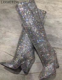 2017 fashion desigh diamond boot pointed toe booties high heels boots glitter rhinestone stud boots shine knee high boots party shoes women