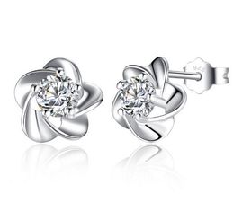 925 Sterling Silver Stud Earrings Fashion Jewellery Five Leaves Flower with Zirconia Crystal Elegant Style Earring for Women Girls