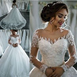 2018 Cheap Vestido Wedding Dresses Jewel Neck Illusion Lace Appliques Beaded Long Sleeves A Line Court Train Formal Plus Size Bridal Gowns