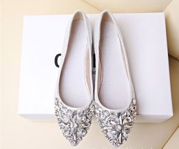 full size Stock 2016 pink champagne wedding shoes silver pointed toe beads crystals bridal shoes special shoes prom girls flats BO278r