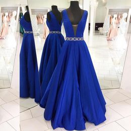 Stunning A-line Blue Evening Dress Sexy Deep V Neck Open Back Zipper up Custom Made Prom Gowns Formal Dresses Crystals Beaded Waist