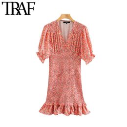 TRAF Women Chic Fashion Floral Print Elastic Smocked Mini Sheath Dress Vintage V Neck Ruffled Female Dresses Vestidos 210415