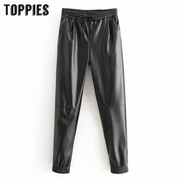 Autumn Winter Faux Leather Jogger Pants Elastic Waist Pencil High Trousers Women Streetwear 210421