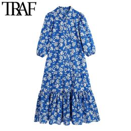 TRAF Women Chic Fashion Floral Print Ruffled Midi Dress Vintage Puff Sleeve Button-up Female Dresses Vestidos Mujer 210415